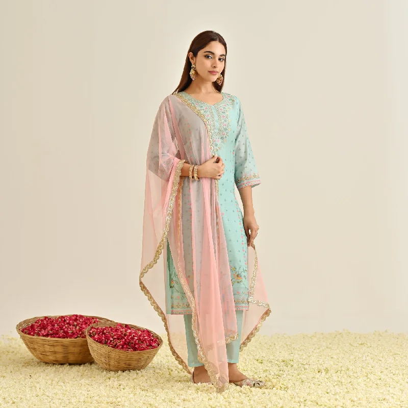 Break Fashion Norms Powder Blue Floral Straight Kurta Set with Yoke Embroidery & Dupatta