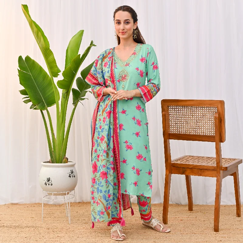 Exquisite Women's Wear Sale Mint Green Lotus Printed Salwar Kurta Set with Dupatta & Neck Embroidery Detail