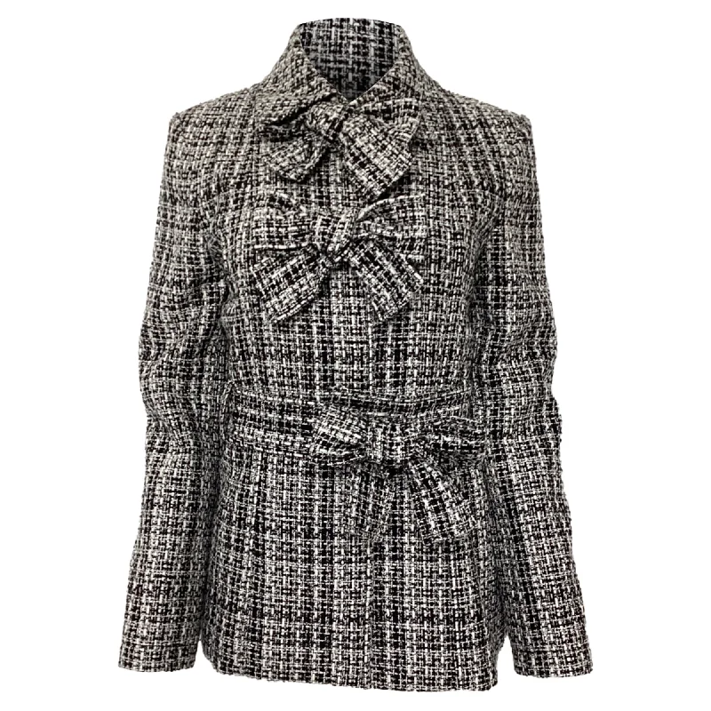 Minimalist Style Carolina Herrera Triple Bow Check Tweed Jacket in Black Cotton