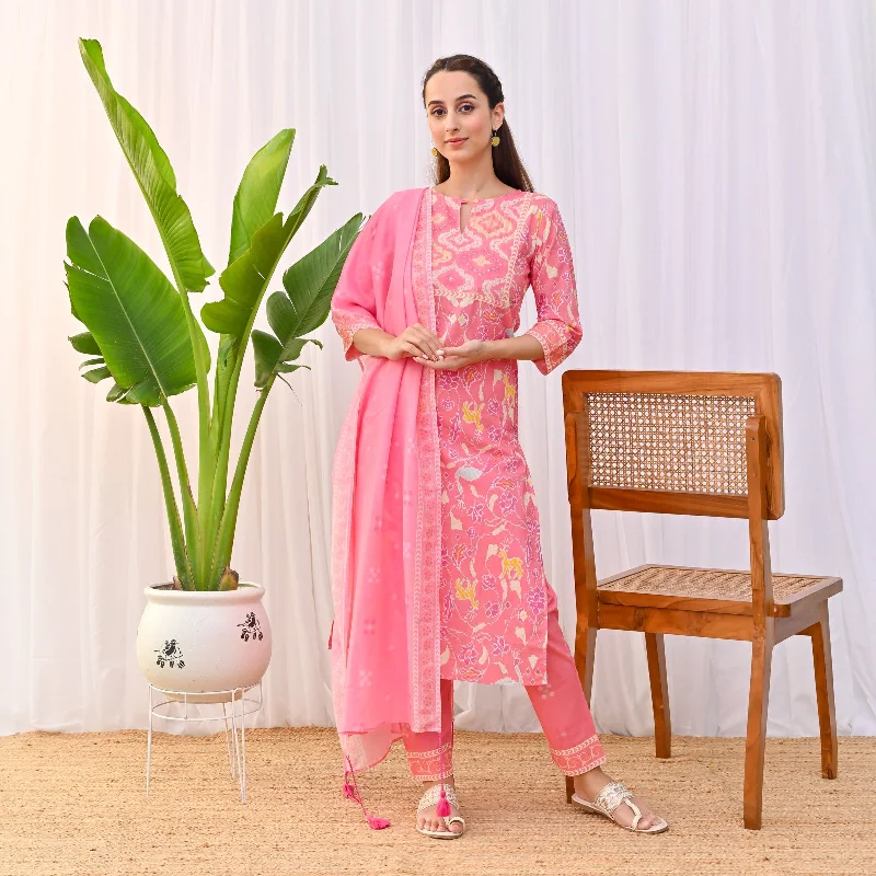 Stylish Statements Pink Ikat Inspired Salwar Kurta Set with Dupatta