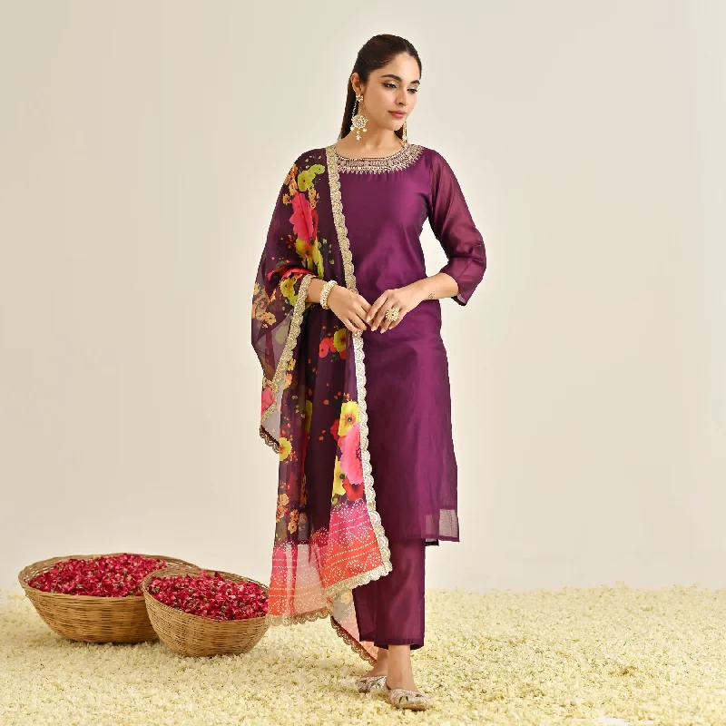 Massive Savings Burgundy Festive Embroidered Kurta Set with Printed Dupatta & Round Yoke Detail