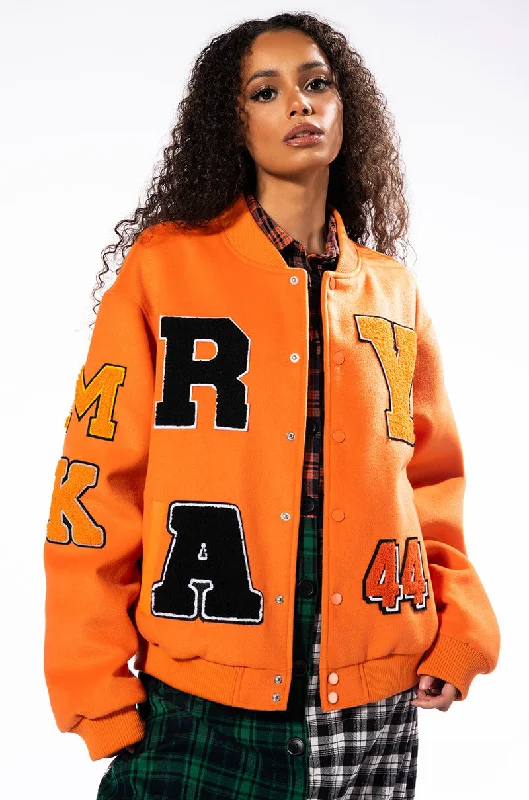 Trendy Street Style Clothing ORANGE YOU HAPPY VARSITY BOMBER