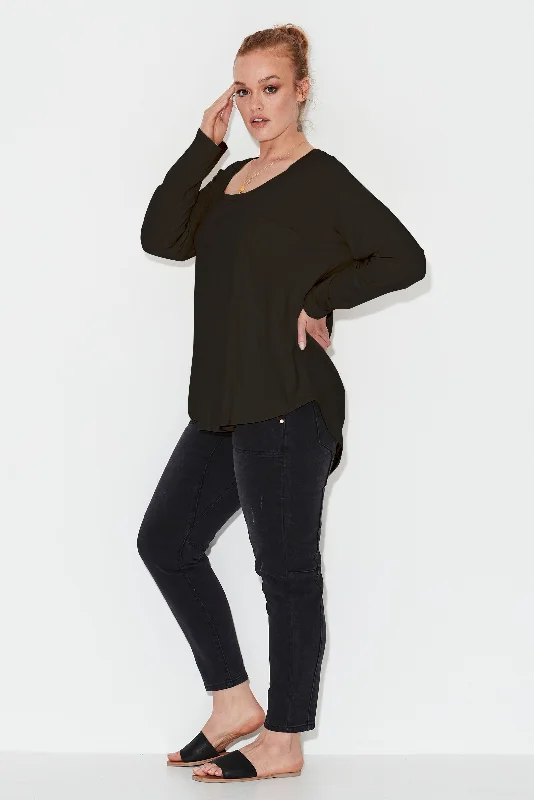 Limited Time Offer Linen Long Sleeve Longline Tee - Black