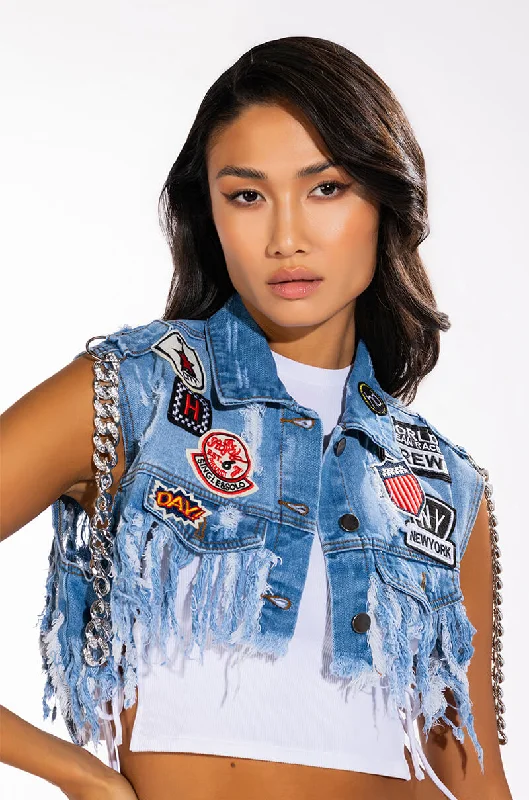 Luxe Women's Fashion ULTRA CROP DENIM VEST WITH CHAINS AND PATCHES