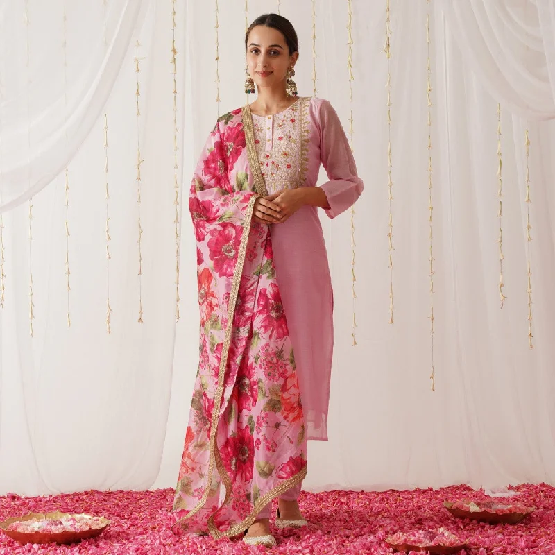 Dive Into Trendy Women's Fashion Pink Embroidered Chanderi Kurta Set with Dupatta