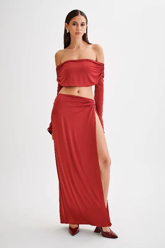 Trendy Pulse Suri Slinky Maxi Skirt With Silver Hardware - Cherry Red