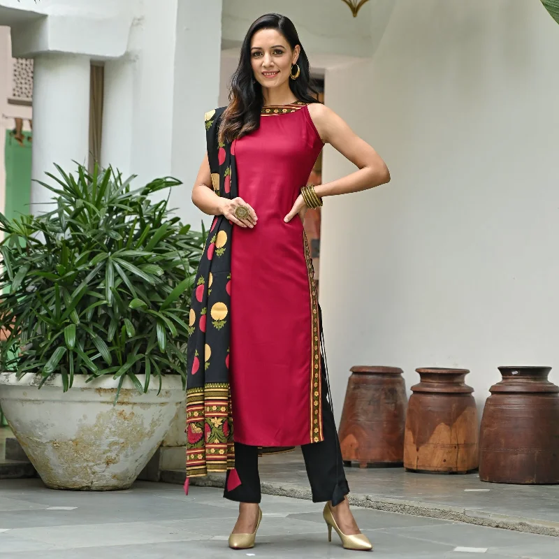 Fashion Forward Maroon Halter Neck Kurta Set With Side Tie up Detail