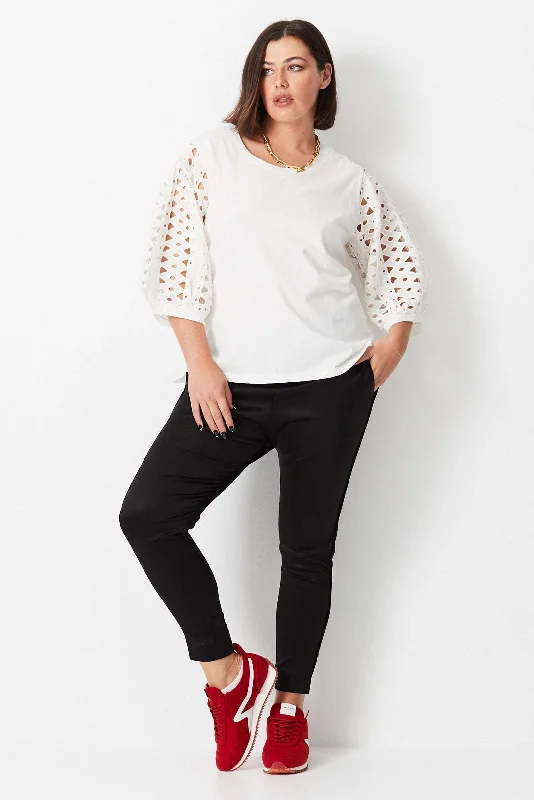 Preppy Style Cutwork Lace Sleeve Top - White