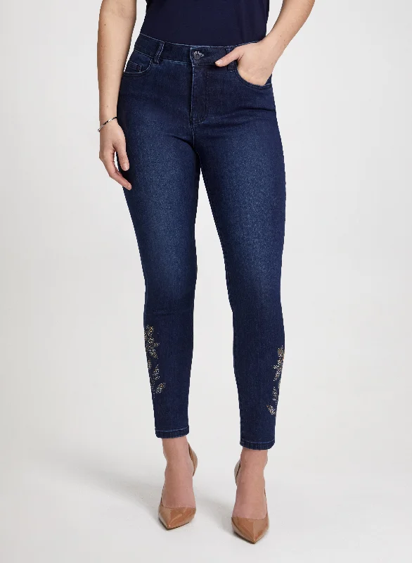 Vintage Inspired Fashion Sale Embellished-Hem Ankle Jeans