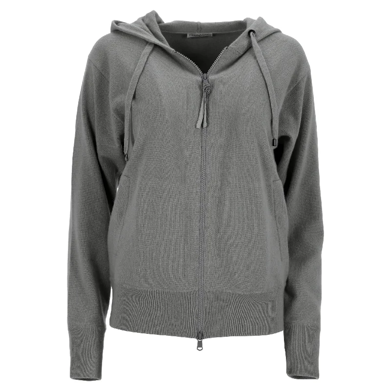 Classic Women's Fashion Brunello Cucinelli Zipped Drawstring Hoodie in Grey Cashmere